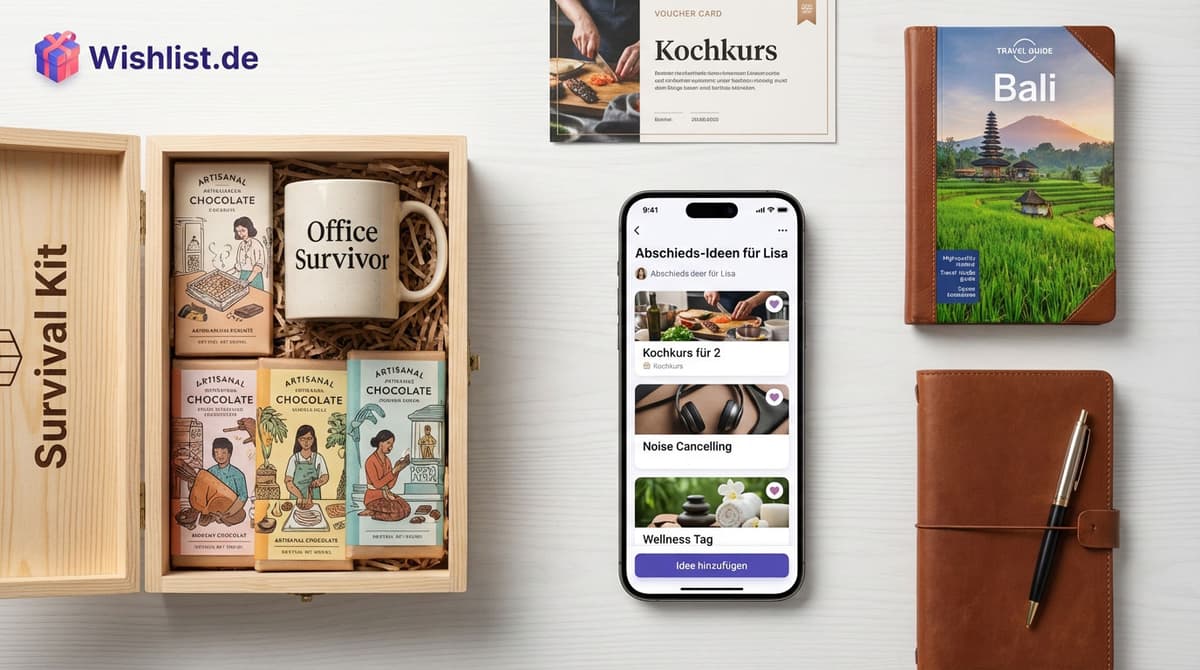 Kreative Abschiedsgeschenk-Ideen für Kollegen auf einem Tisch arrangiert