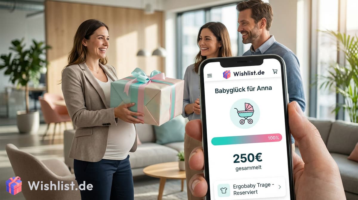 Kollegen überreichen ein Baby-Geschenk an werdende Eltern