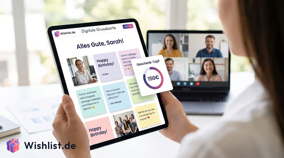 Digitale Grußkarte mit Unterschriften auf einem Tablet