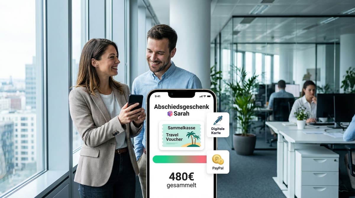 Kollegen sammeln Geld für ein Geschenk im modernen Büro