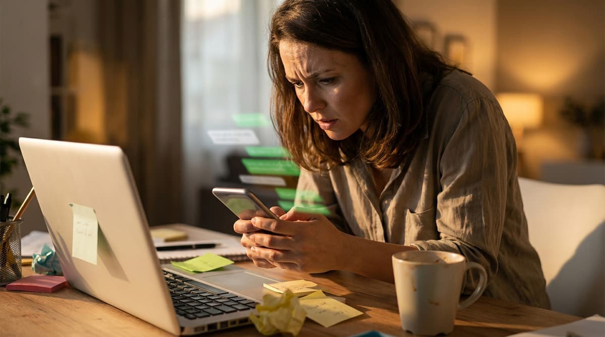 Gestresste Person schaut auf Smartphone mit vielen WhatsApp-Nachrichten