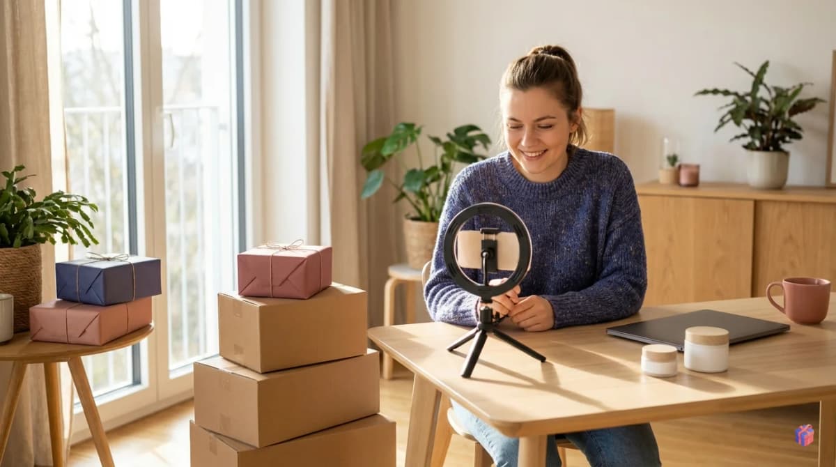 Content Creator am Schreibtisch mit Smartphone, Ringlicht und Paketen in hellem Studio