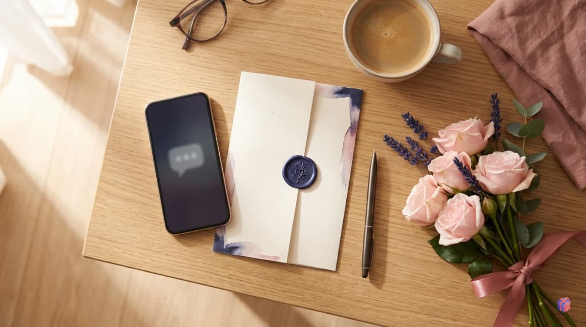 Smartphone mit WhatsApp-Hochzeitsnachricht neben einer eleganten Papier-Einladung auf einem Holztisch