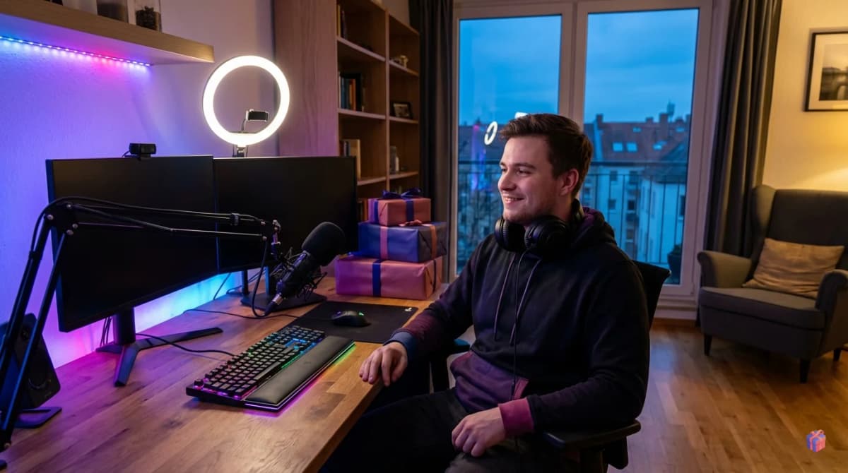 Streamer am Gaming-Setup mit Mikrofon, Webcam und bunter Beleuchtung