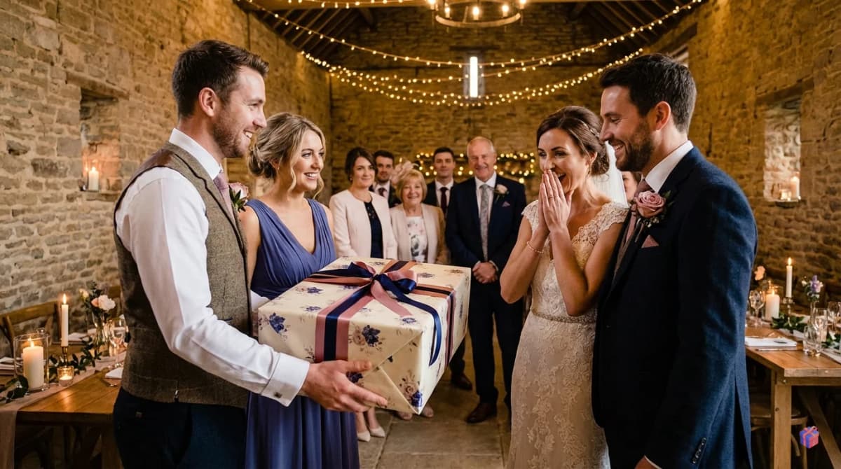 Trauzeugen überreichen ein liebevoll verpacktes Gruppengeschenk an das Brautpaar bei der Hochzeitsfeier