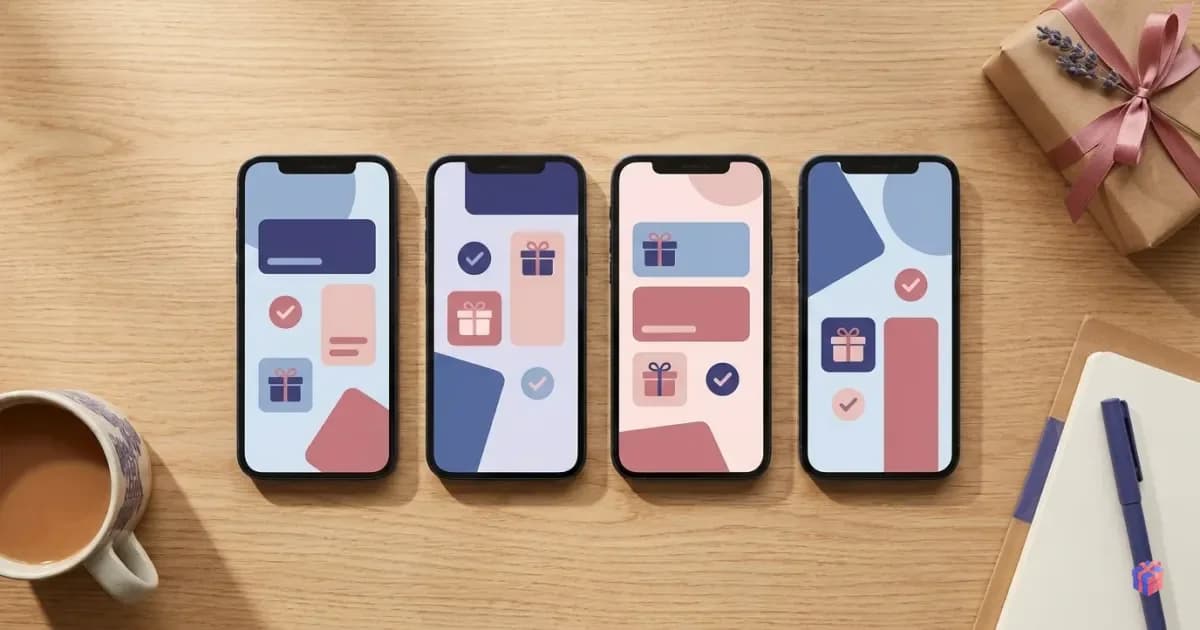 Vier Smartphones mit unterschiedlichen Wunschlisten nebeneinander auf einem Holztisch