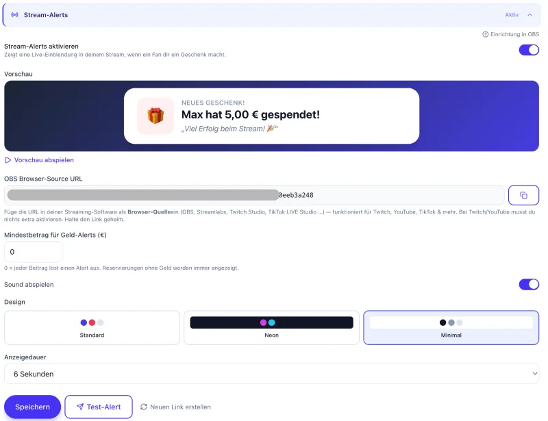 Die Stream-Alerts-Einstellungen mit Live-Vorschau, Design-Auswahl und Test-Alert
